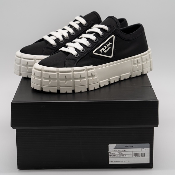 size 40eu 10 US Prada Double Wheel Platform Sneaker Black Nylon White - Picture 14 of 15